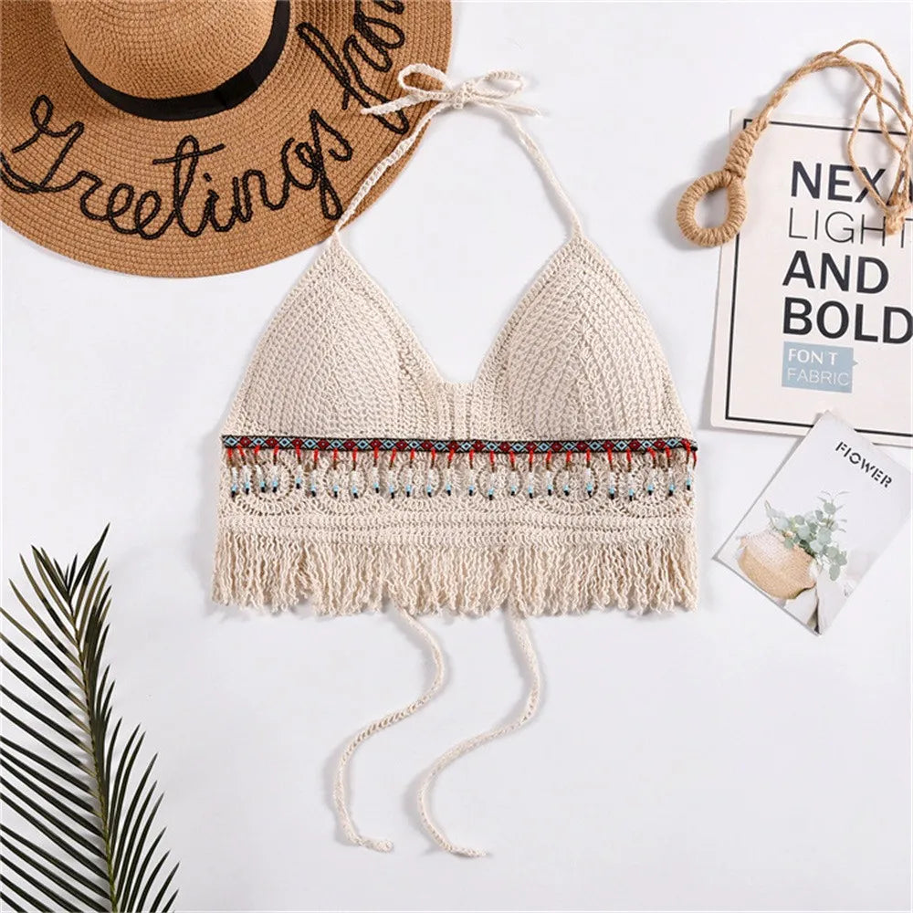 2024 Crop Tops Retro Wild Hollow Perspective Tassel Sexy Spaghetti Strap Tanke Top Women Built In Bra New Back Lace Halter Neck - Premium crop top from Lizard Vigilante - Just $6.99! Shop now at Lizard Vigilante