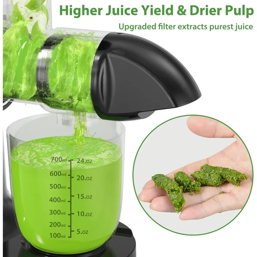 Classic horizontal cold press juicer with quiet motor designed for high juice yield easy to clean featuring soft and hard modes