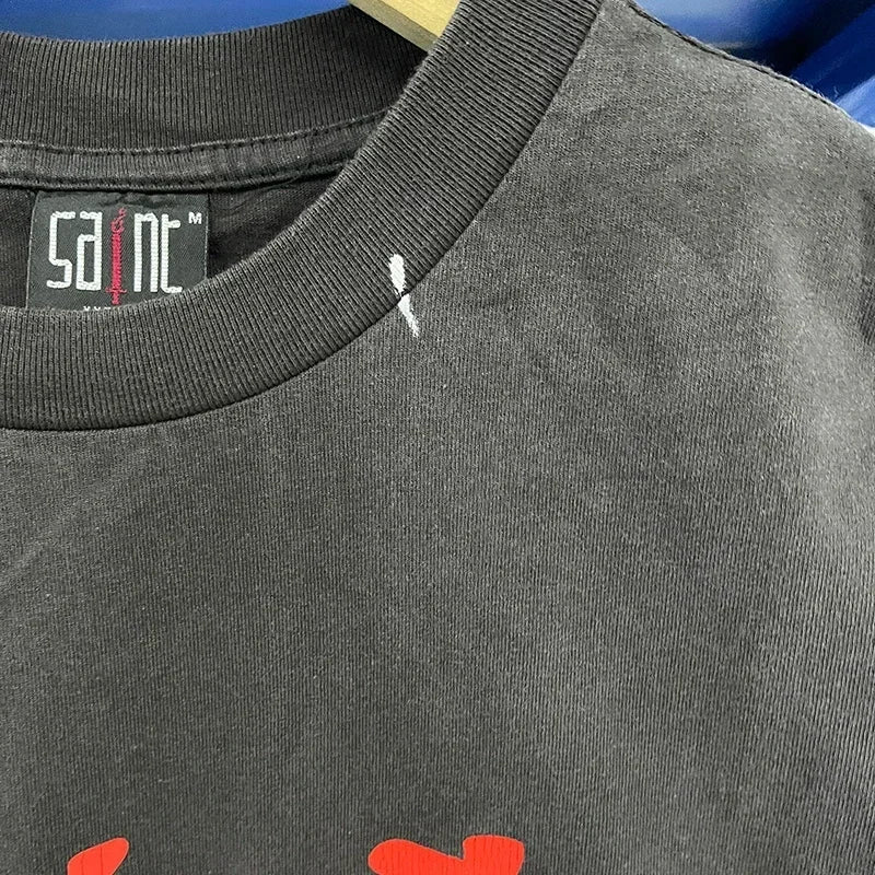 Men Women High Street Vintage Washed Black T-Shirt Top Quality Cototn TEE 3D Cracked Letters Logo Print Saint T Shirt With Tags - Premium  from Lizard Vigilante - Just $64.99! Shop now at Lizard Vigilante