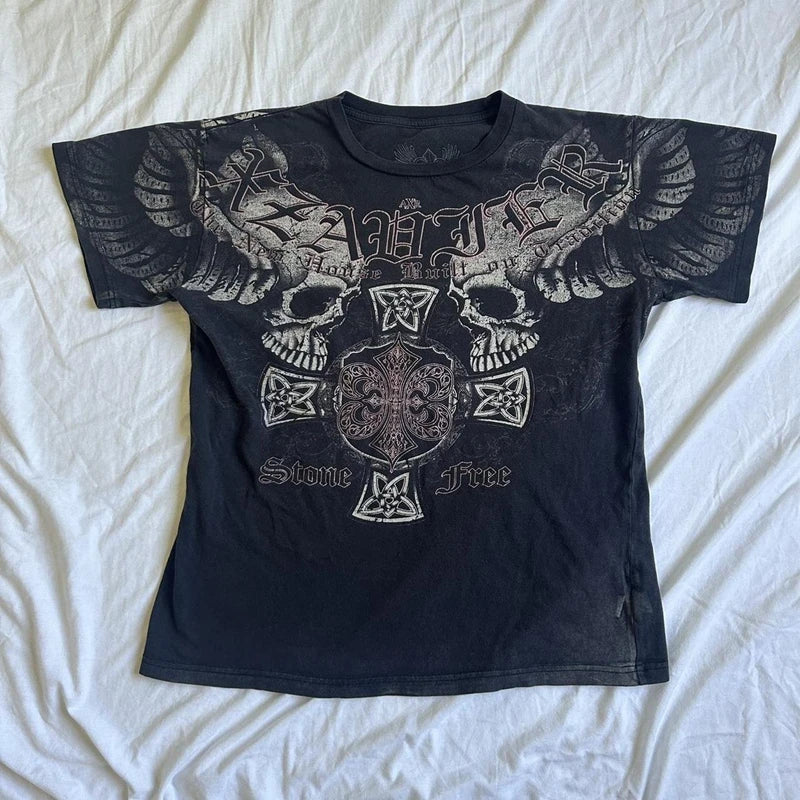 2000s Aesthetic Mall Goth E-girl Gothic T-shirt Retro Y2K Grunge Skull Wing Crop Tops Indie Graphic Print Short Sleeve Tee Women - Premium T-Shirt from Lizard Vigilante - Just $29.99! Shop now at Lizard Vigilante