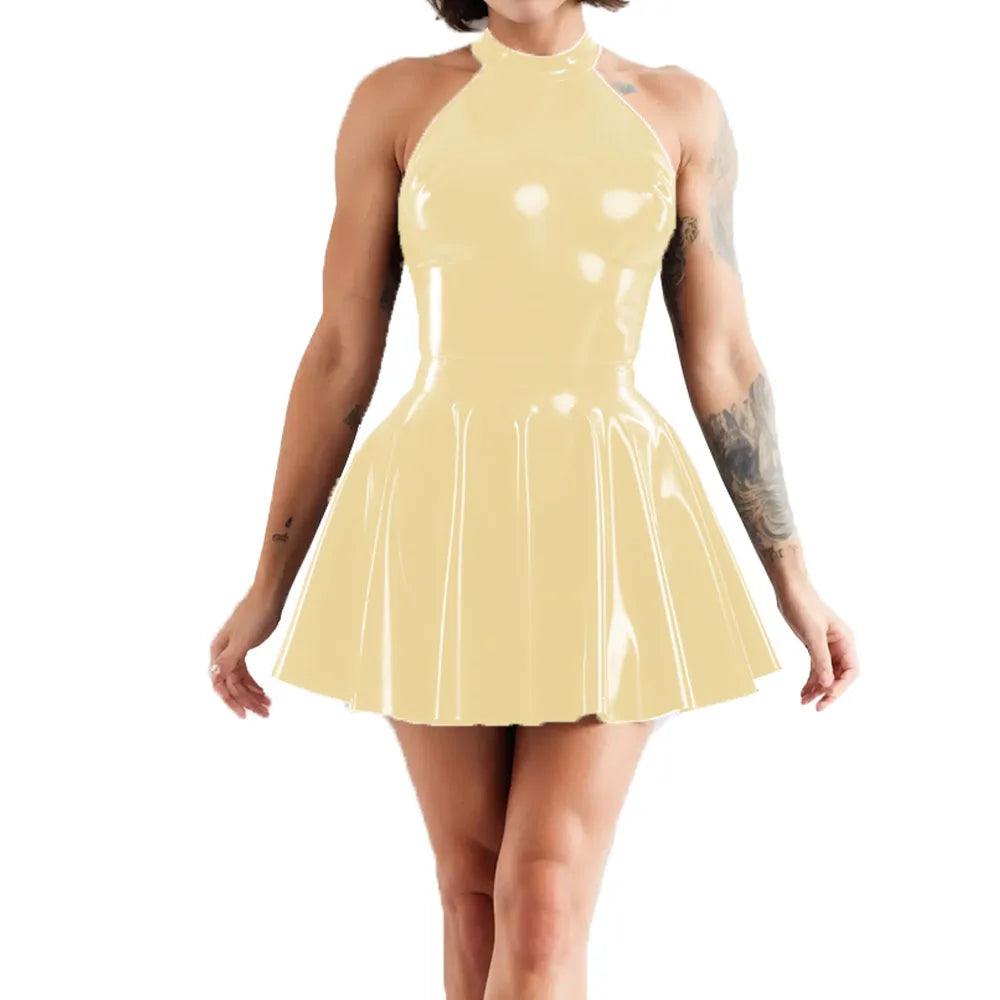 Shiny Sleeveless A-Line Pleated Mini Dress Halter Neck Skater Wet PVC Leather Swing Skirt Dress Latex-look Clubwear - Lizard Vigilante