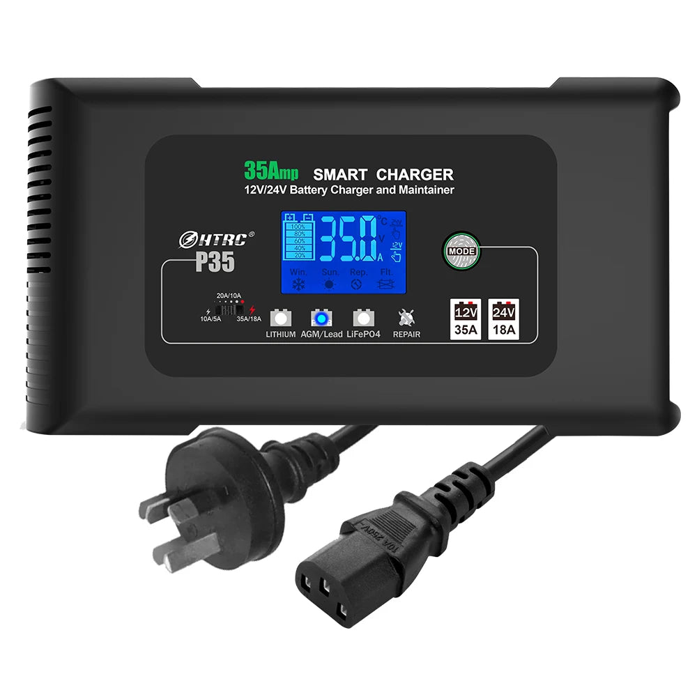 HTRC 35A 12V/24V Car Battery Charger – Smart LCD Display for Auto, Truck, and Motorcycle Batteries - Premium battery charger from Lizard Vigilante - Just $168.88! Shop now at Lizard Vigilante