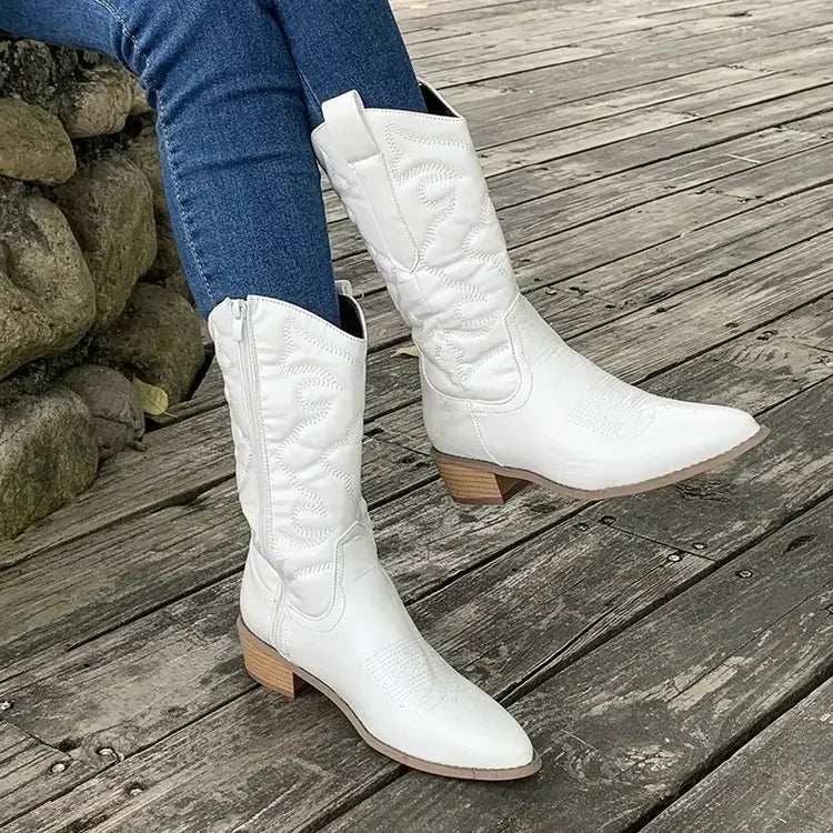 Gold Mid-Calf Western Cowboy Boots for Women – Side Zipper, Pointed Toe, Retro Fashion - Plus Size 36-43 - Premium boots from Lizard Vigilante - Just $58.88! Shop now at Lizard Vigilante