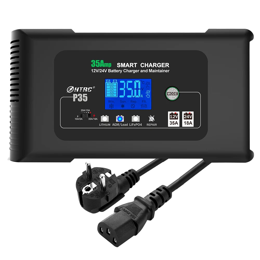 HTRC 35A 12V/24V Car Battery Charger – Smart LCD Display for Auto, Truck, and Motorcycle Batteries - Premium battery charger from Lizard Vigilante - Just $168.88! Shop now at Lizard Vigilante