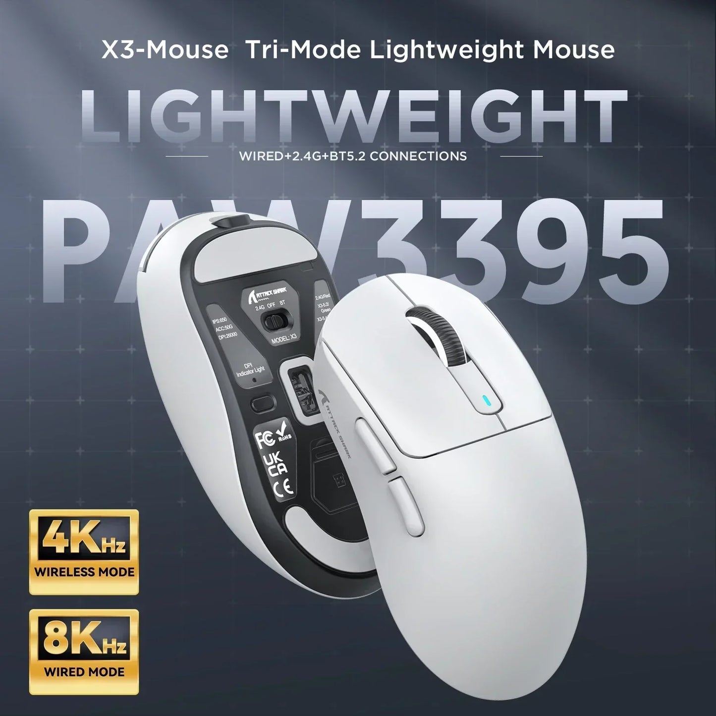 Attack Shark X3Pro Wireless  Gaming Mouse PixArt PAW3395 26000dpi Bluetooth Optical Mouse Tri-Mode Connection Macro Gaming Mouse