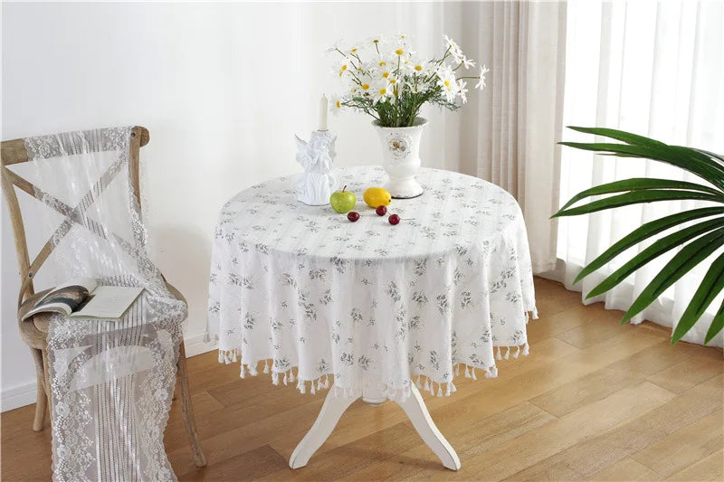 Cotton Table Cloth Round Tablecloth with Tassel Dust-Proof Floret Circular Table Cover for Kitchen Dinning Room Tabletop Decor