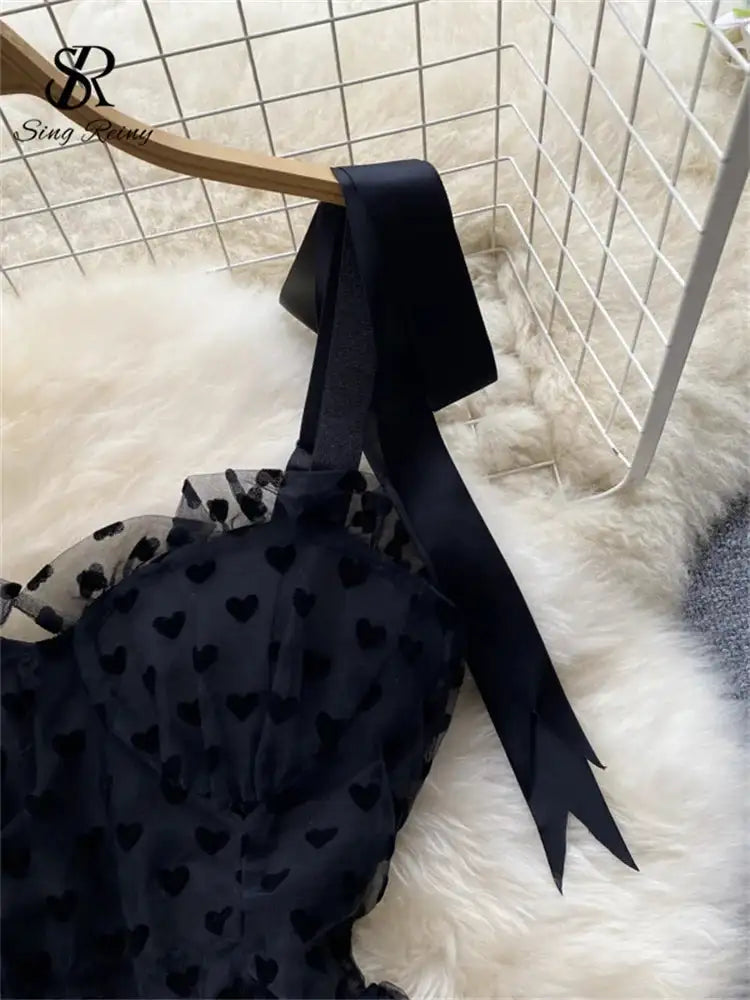 SINGREINY High Quality A Line Mesh Long Dress Spaghetti Strap Sleeveless Sheath Sundress 2023 Women Fashion Dot Print Maxi Dress