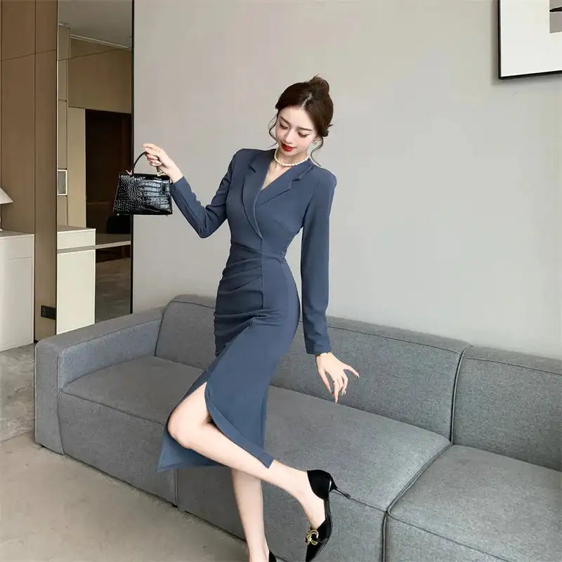Women Pink Pleated Bodycon Formal Long Dress Autumn Winter Long Sleeve Chic Suit Dress 2025 Korean Fashion Elegant Party Dresses