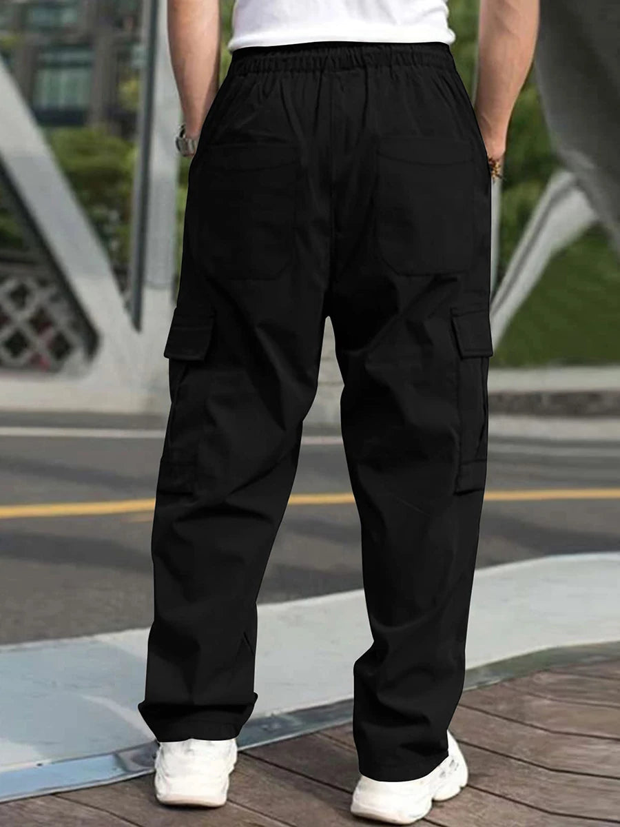 Men’s Loose Cargo Pants – Solid Color Drawstring Waist, Straight Leg Casual Work Trousers with Pockets - Premium cargo pants from Lizard Vigilante - Just $27.99! Shop now at Lizard Vigilante