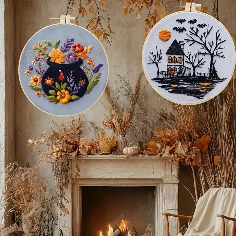 Halloween-themed pattern hand-embroidery DIY set material package, the set includes needles, threads, embroidery strips, and an