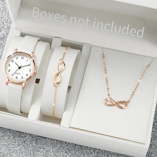 3pcs/set Women Leather Simple Quartz Watch with Number 8 Bracelet Necklace Set