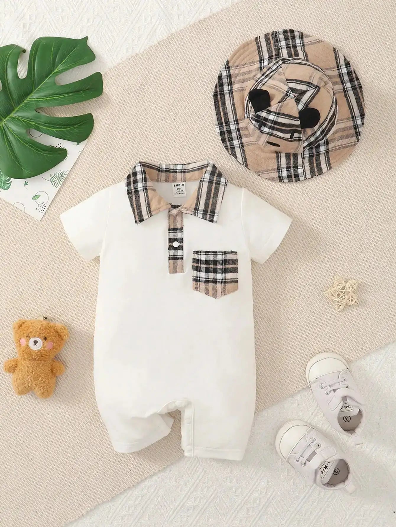 Two-piece baby boy design simple plaid neckline front pocket with plaid hat shorts spring/summer set
