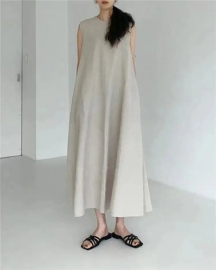 2022 Minimalist Chic Loose Swing Sleeveless Mid-length Casual Cotton Linen Long Dress  Round Neck High Waist Women Runway Dress