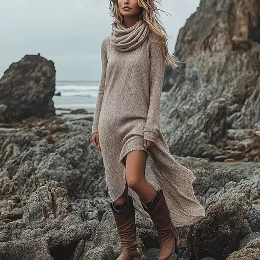 Indie Folk Woman Solid Color Vintage Dress Autumn Pile Collar Pullover Long Dress Winter Long Sleeve Swallowtail Irregular Dress