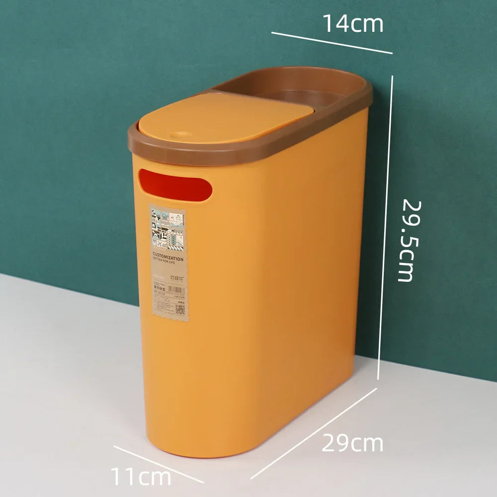 Slim Plastic Trash Bin with Lid,Easy Press-Top,Space Saving Design, Suitable for Bathroom Kitchen Living Room,Simple Solid Color