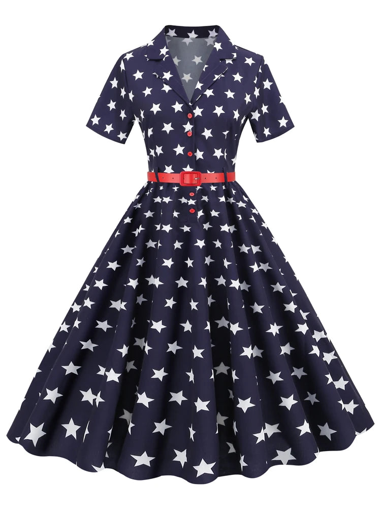 2024 Election American Flag Collar Button Up Star Print Women Short Sleeve Belted 50s 60s Pinup A-Line Vintage Dresses - Lizard Vigilante