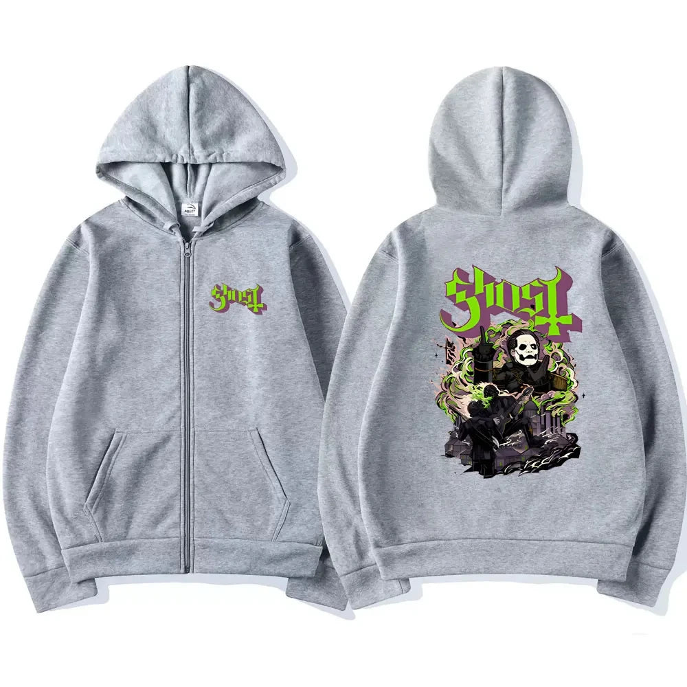 Ghost Band Oversized Zipper Hoodie – Men’s Gothic Rock Anime Graphic Sweatshirt - Premium zipper hoodie from Lizard Vigilante - Just $42.88! Shop now at Lizard Vigilante