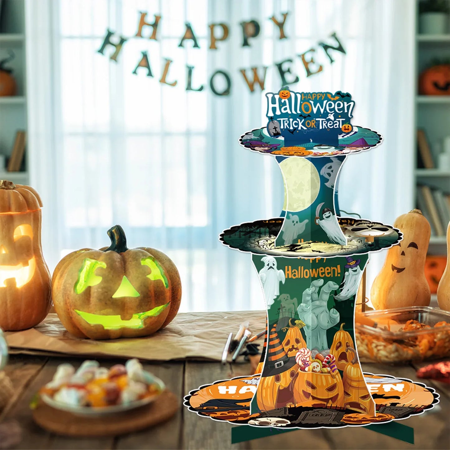 3-Tier Halloween Paper Dessert Stand - DIY Spooky Party Candy Display with Ghost/Pumpkin/Bat Printed Buffet Table Decor