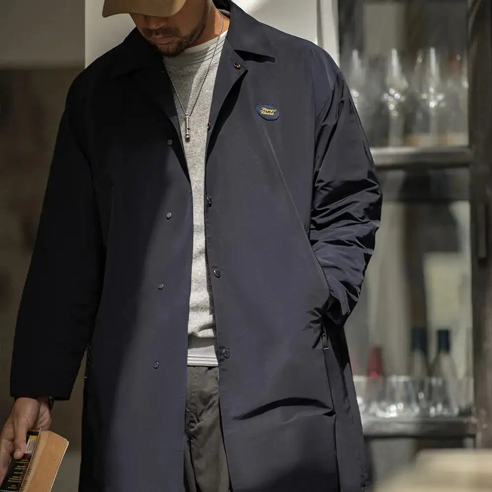 Maden Men's Vintage Balmacaan Waterproof Windbreaker Coat Single-Breasted Mid-Length Classic Collar Jacket for Spring and Autumn