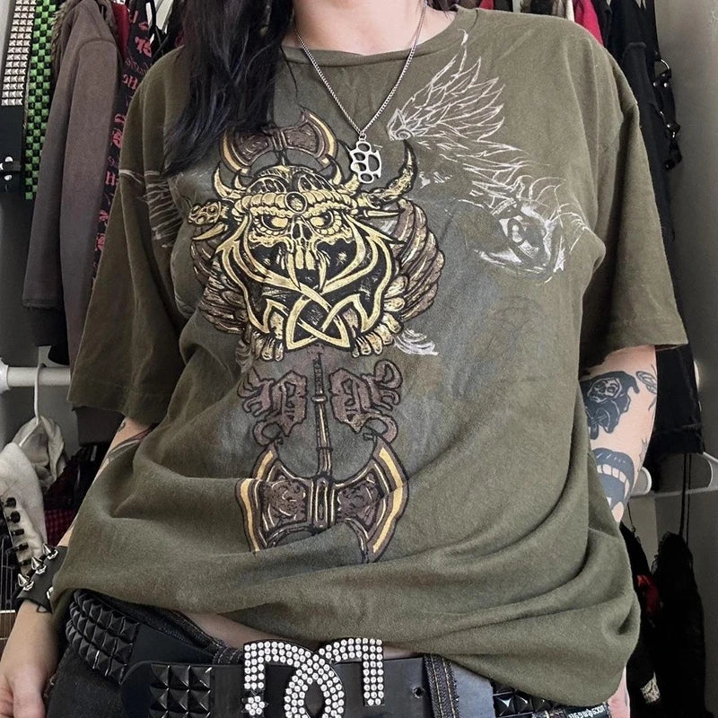 2000s Aesthetic Mall Goth E-girl Gothic T-shirt Retro Y2K Grunge Skull Wing Crop Tops Indie Graphic Print Short Sleeve Tee Women - Premium T-Shirt from Lizard Vigilante - Just $29.99! Shop now at Lizard Vigilante