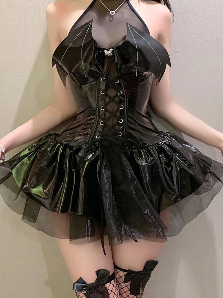 AltGoth Sexy Cosplay Pu Dress Women Harajuku Streetwear Grunge Bandage Hollow Out Bats Dress Punk Y2k E-girl Mall Gothic Clothes - Premium dress from Lizard Vigilante - Just $58.88! Shop now at Lizard Vigilante