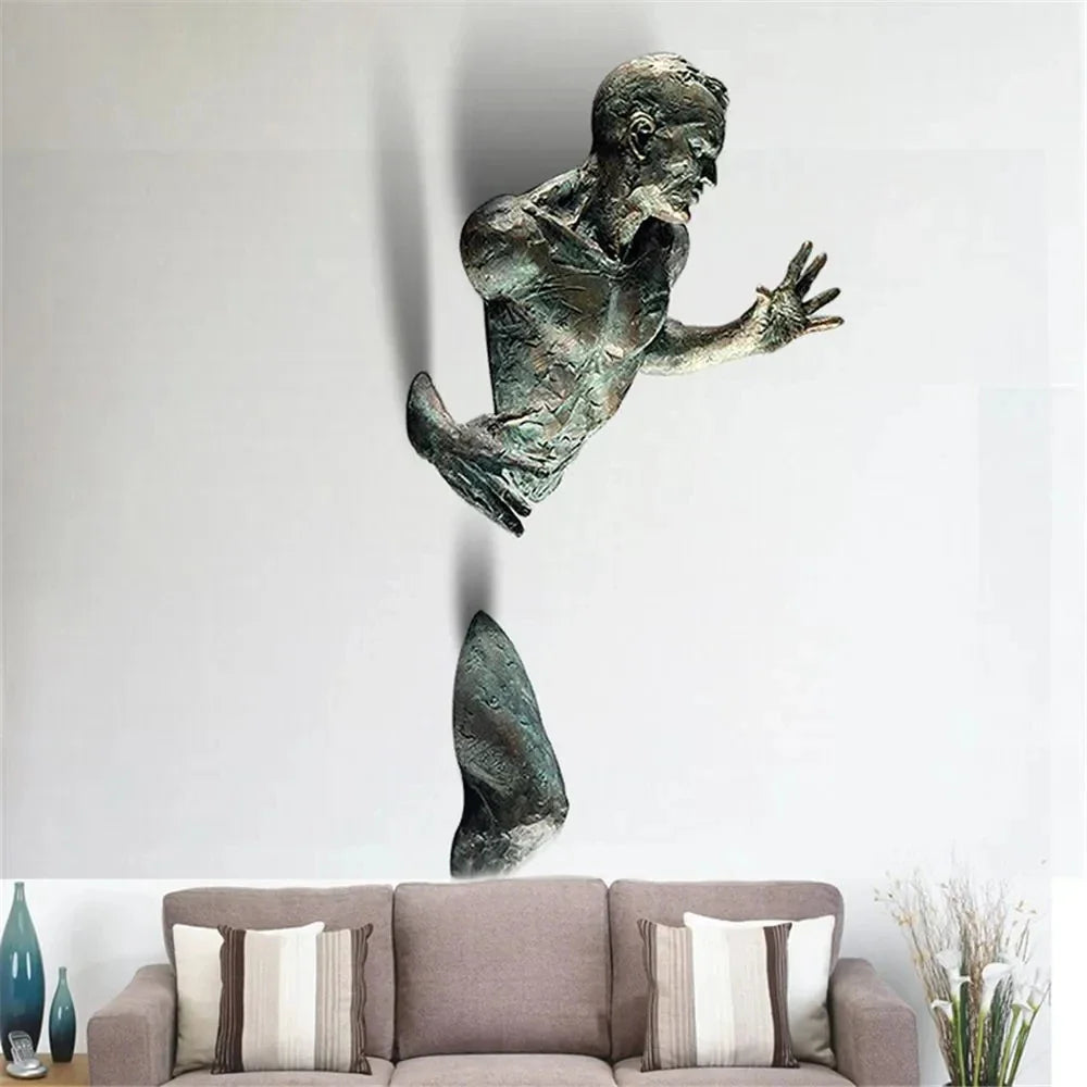 Imitation Copper Wall Decor Abstract Character Resin Rock Climbing Man Statue Sculpture Background Wall Art 3D Through Wall