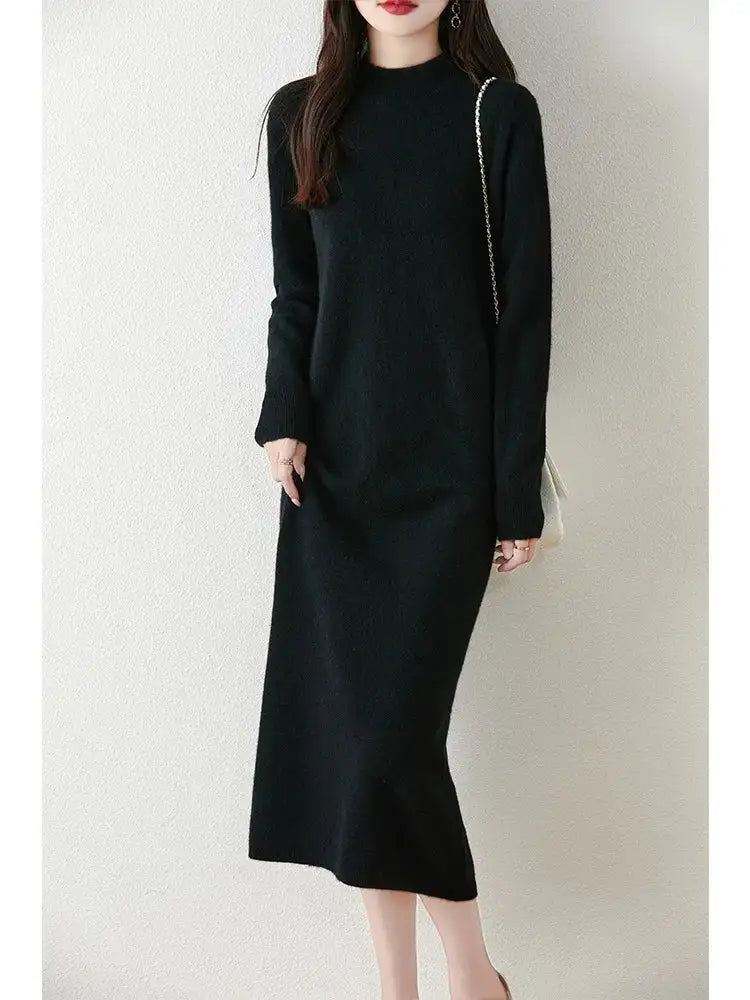 Autumn Winter Women's Wool Long Dress Cashmere Mock Neck Pullover Sweater 100% Merino Wool Soft Knitwear OL Simple Basic Dress