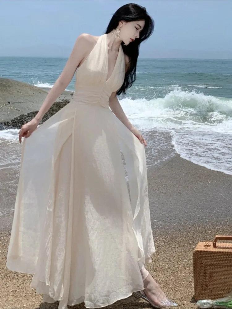 Summer Sleeveless Halter Long White Maxi Dress Elegant Tight Waist V-neck Beach Dress Robes Du Soir Evening Dresses Wedding Prom - Lizard Vigilante