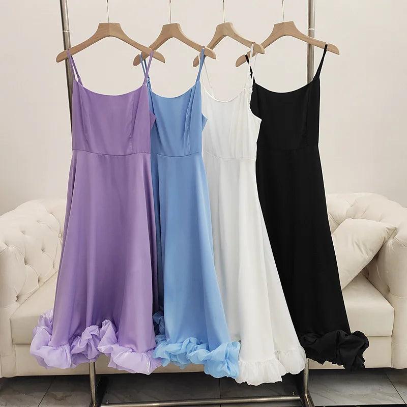 Elegant Ruffle Solid Sling Long Dress Women Strap Waist Party Dressed Fashion Sleeveless Backless Beach Swing skirt A-line Dresses - Lizard Vigilante