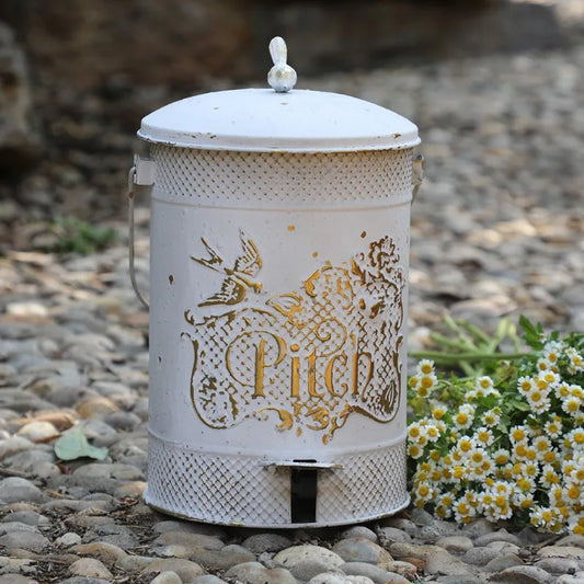 Vintage Iron Garden Trash Can Large Capacity Outdoor Waste Bin with Lid Silent Foot Pedal Design Decorative Patio Garbage Bin