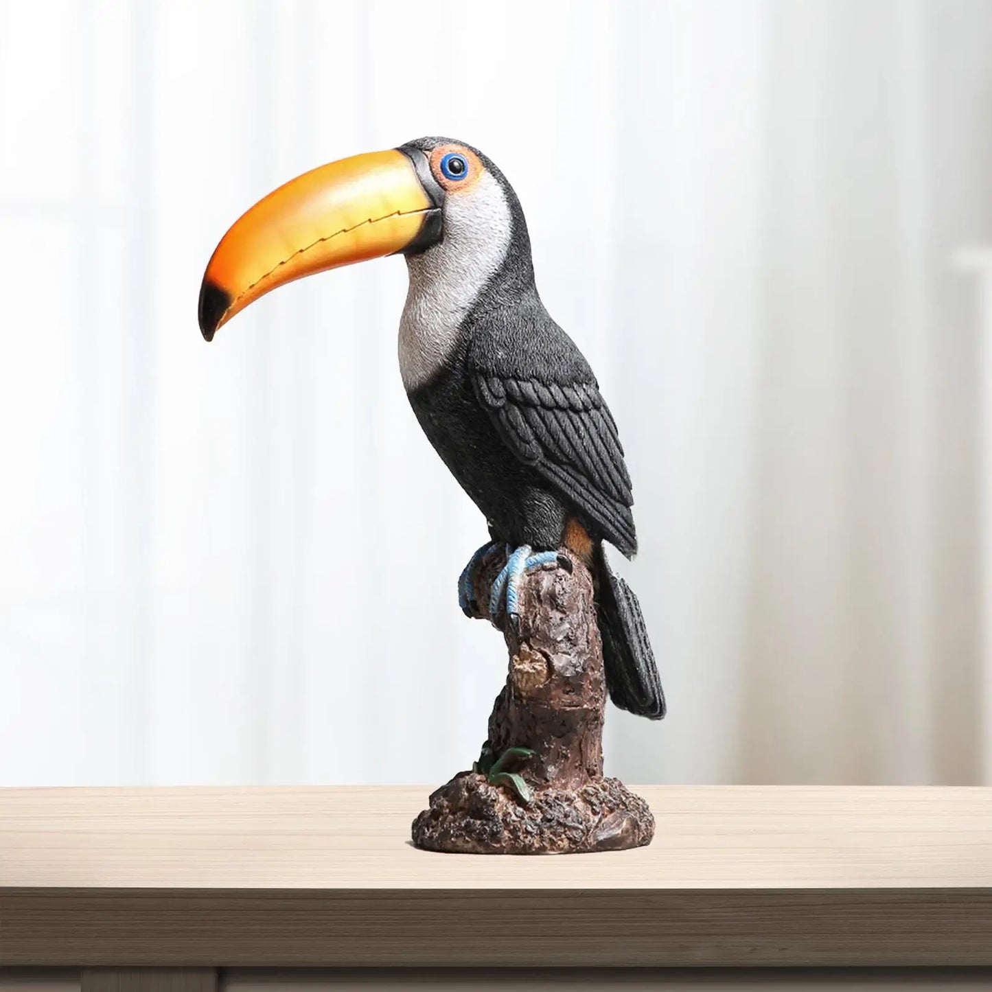 Toucan on Stump Statue Resin Ornament Lovely Hand Painted Waterproof Height 31cm Bird Model for Park Landscape Versatile