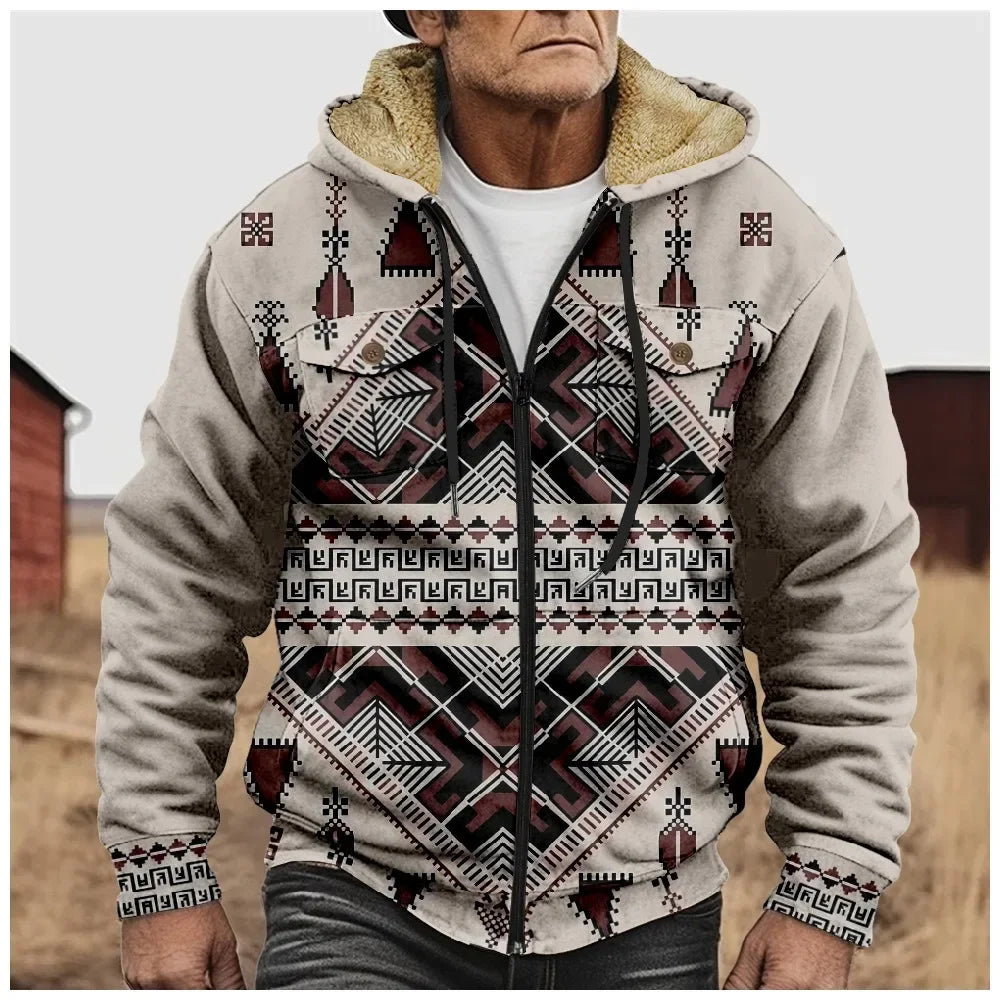 Retro Aztec Geometric Winter Jacket – Men's Plush Thick Streetwear Hunting Coat with Art Graphics & Fleece Lining - Premium jacket from Lizard Vigilante - Just $56.66! Shop now at Lizard Vigilante