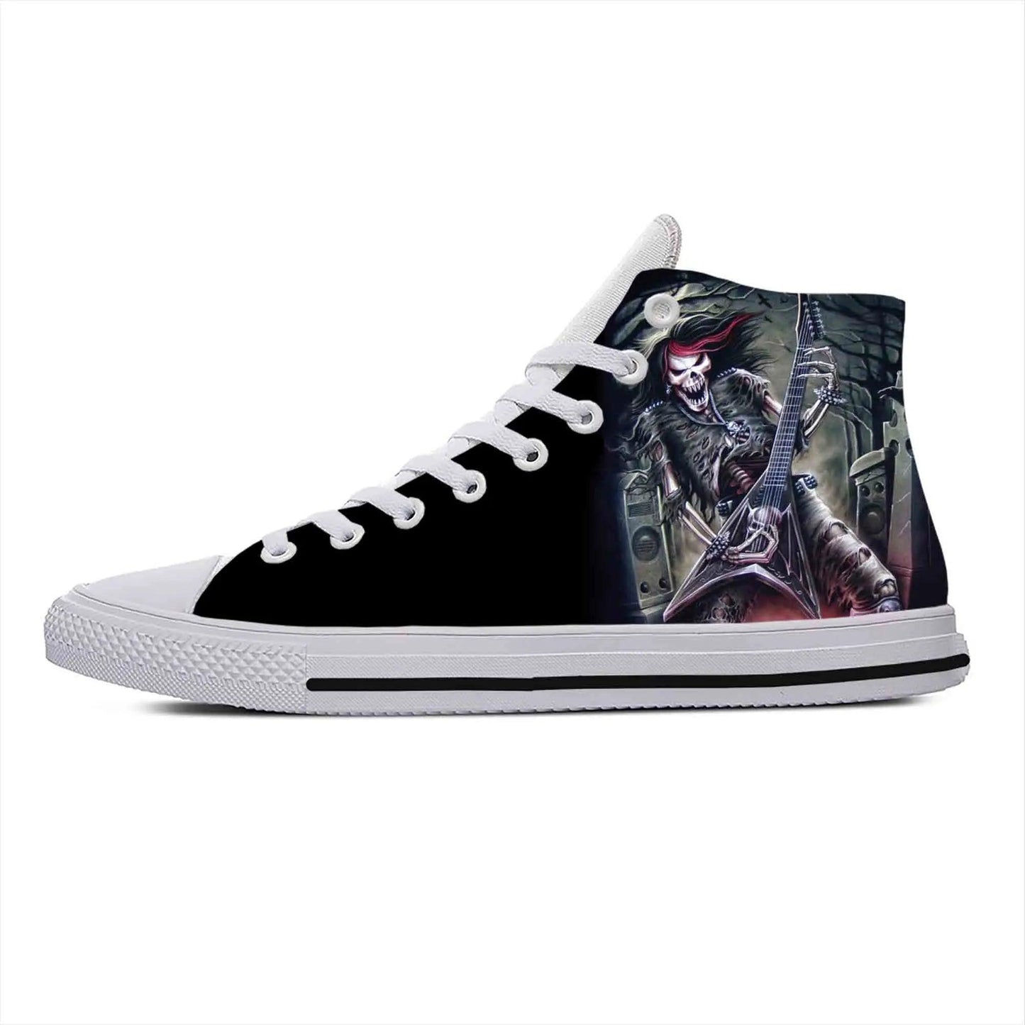 Gothic High-Top Canvas Sneakers with 3D Print – Casual Skull High Top Shoes for Men and Women Heavy Metal Rock Skull Guitar Grim Reaper - Premium Shoes from Lizard Vigilante - Just $39.99! Shop now at Lizard Vigilante