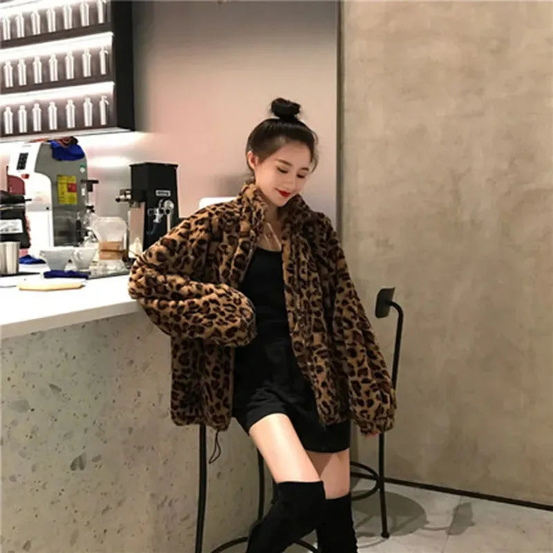 Autumn Fuzzy Leopard Print Jacket for Women – Warm Stand Collar Parka - Premium coat from Lizard Vigilante - Just $68.88! Shop now at Lizard Vigilante