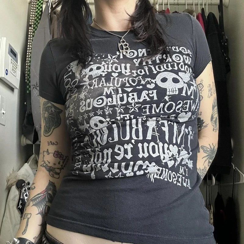 2000s Aesthetic Mall Goth E-girl Gothic T-shirt Retro Y2K Grunge Skull Wing Crop Tops Indie Graphic Print Short Sleeve Tee Women - Premium T-Shirt from Lizard Vigilante - Just $29.99! Shop now at Lizard Vigilante