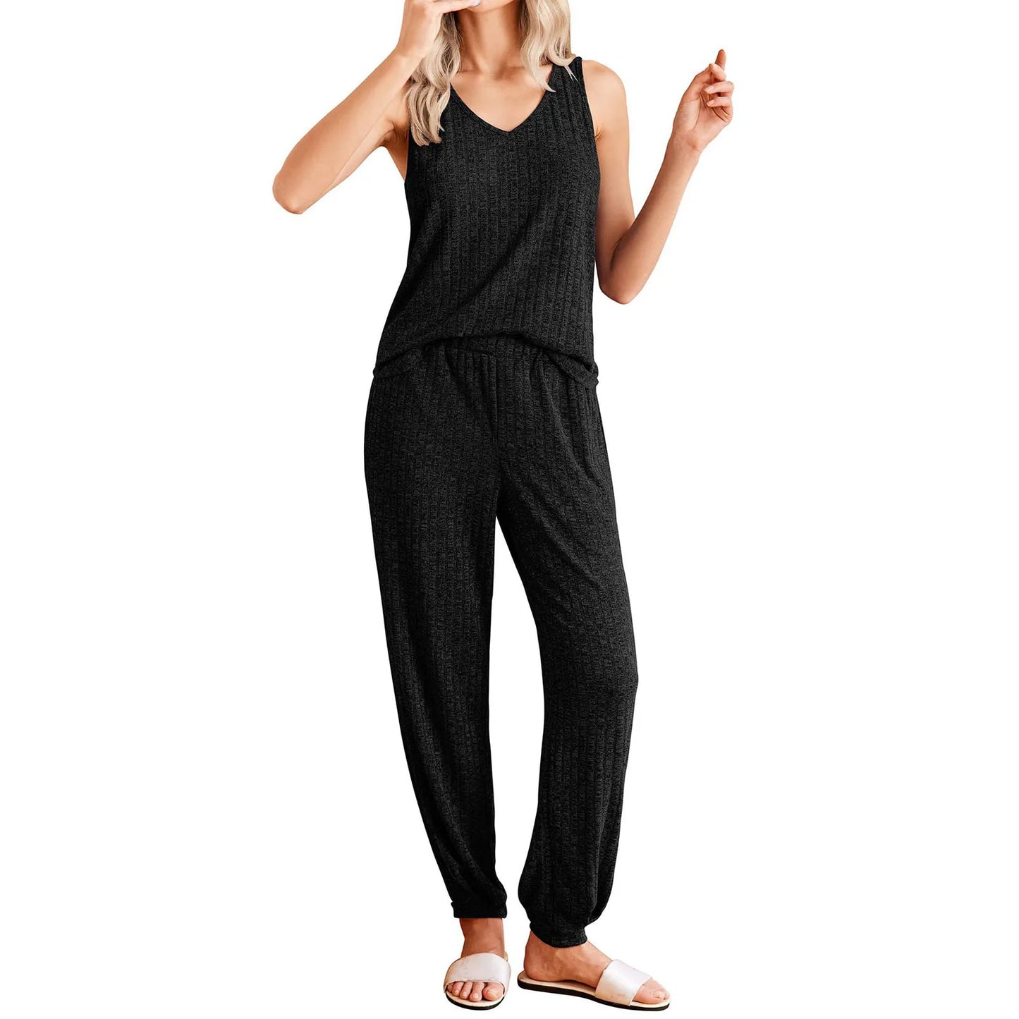 Women Autumn Winter Sleepwear Ribbed Pajamas Set Long Sleeve Top and Long Pants 2 Piece Set Casual Homewear Loungewear