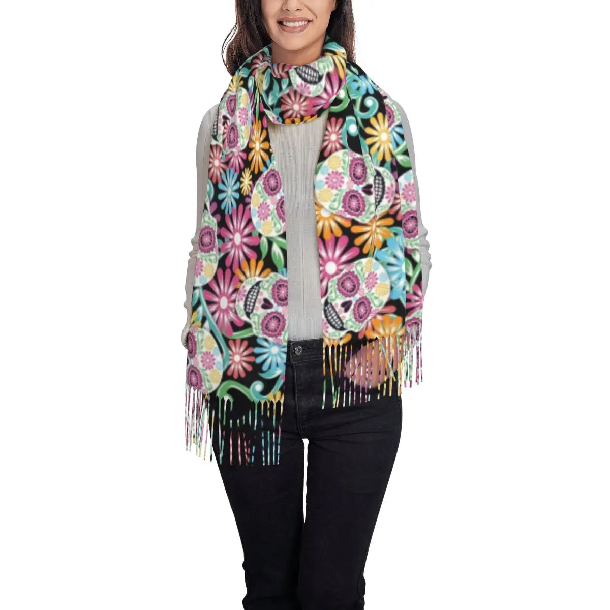 Day of the Dead Sugar Skull Colorful Flower Scarf – Warm Pashmina Shawl, Wrap for Women - Premium scarf from Lizard Vigilante - Just $23.66! Shop now at Lizard Vigilante