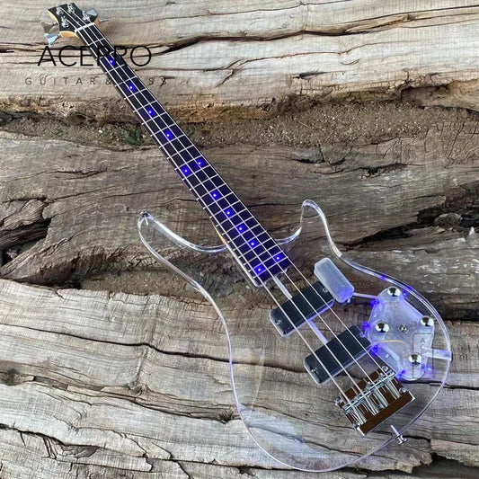 Lizard Vigilante Blue LED Electric Bass Guitar – Clear Acrylic Body, Maple Neck, Rosewood Fingerboard, 4-String Professional Bass - Premium Electric bass guitar from Lizard Vigilante - Just $588.88! Shop now at Lizard Vigilante