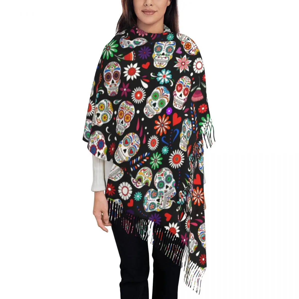 Day of the Dead Sugar Skull Colorful Flower Scarf – Warm Pashmina Shawl, Wrap for Women - Premium scarf from Lizard Vigilante - Just $23.66! Shop now at Lizard Vigilante