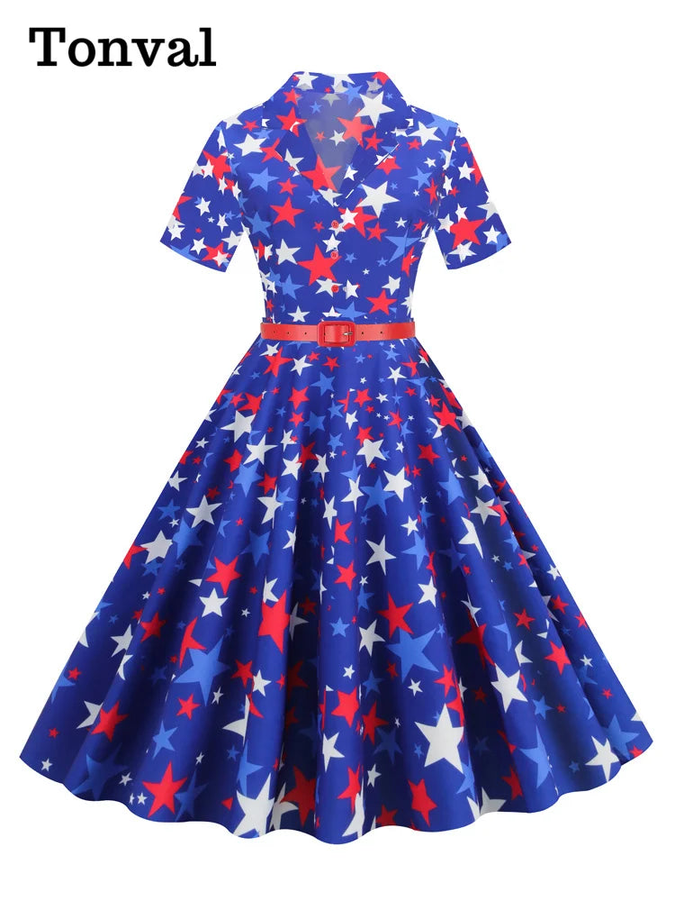 2024 Election American Flag Collar Button Up Star Print Women Short Sleeve Belted 50s 60s Pinup A-Line Vintage Dresses - Lizard Vigilante