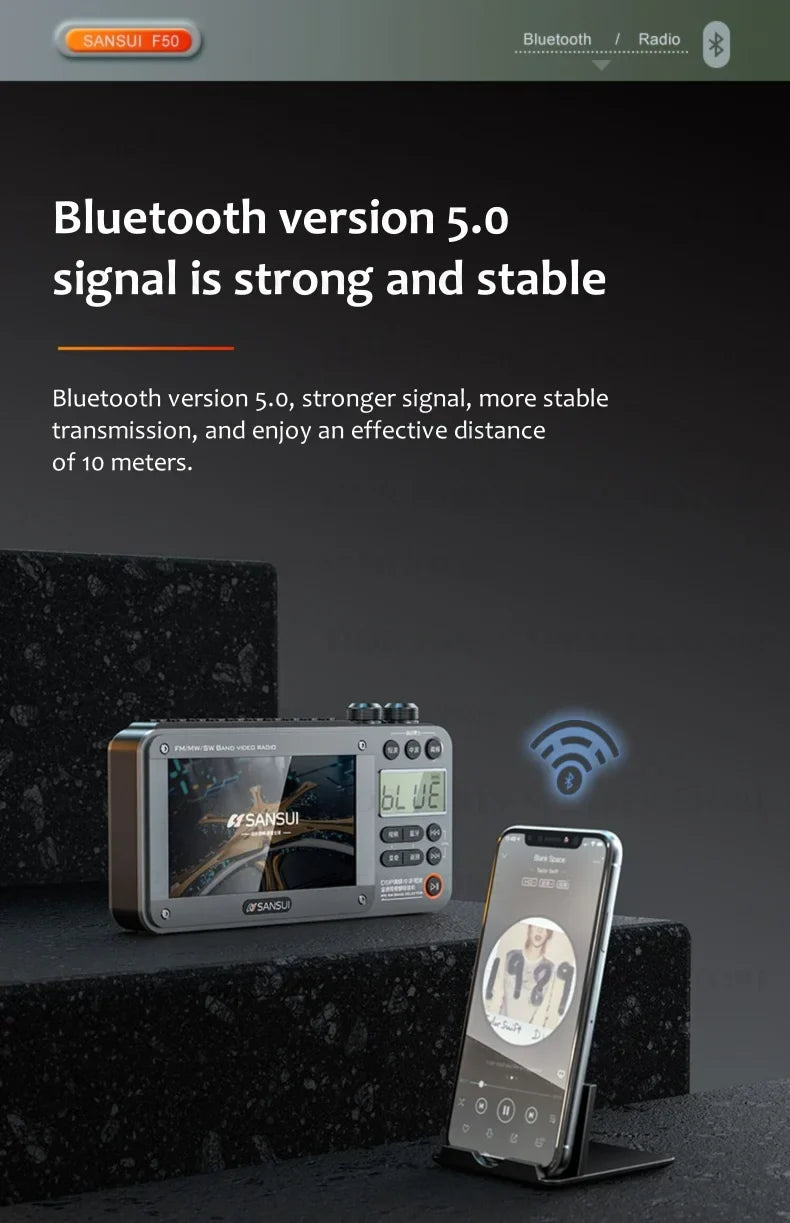 SANSUI Wireless Bluetooth Speakers Home Full-band Radio LED HD Video Player Portable MP4 Walkman Built-in Rechargeable Battery