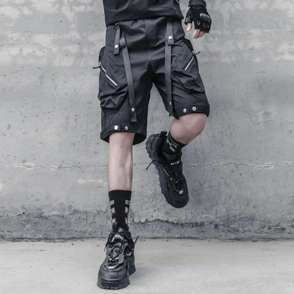 AOGZ Gothic Techwear Cargo Short Pants Men Streetwear Harajuku Ribbons Knee Length Pants Trousers Summer Loose Casual Shorts - Lizard Vigilante