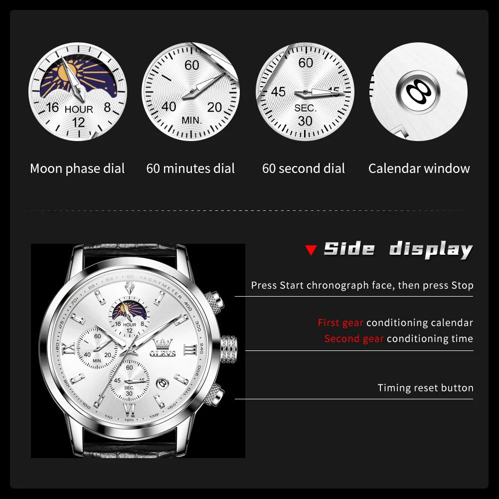 OLEVS 9812 Men's Watch Chronograph Waterproof Moonphase Multi functional Men's Watch Luxury Brand Men's Original Quartz Watch - Premium  from Lizard Vigilante - Just $35.99! Shop now at Lizard Vigilante