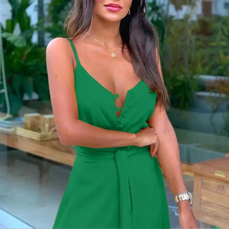 Elegant and Sexy Summer Women's V-neck Beach Dress with High Waist Waist Waist Waist Belt and Sling Long Dress for Party