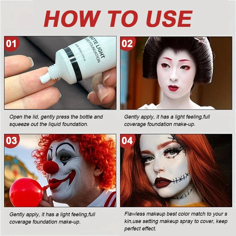 White Liquid Foundation - Full Coverage, Oil Control & Long Lasting, for Stage Makeup, Halloween, Cosplay Makeup (37ml)