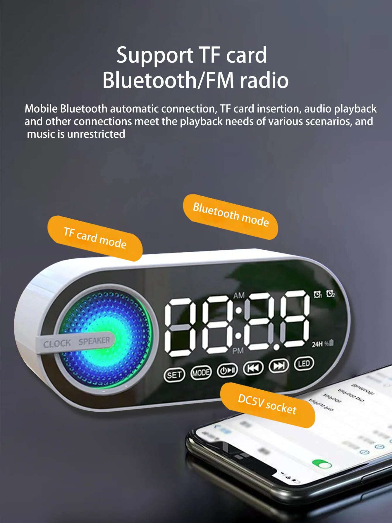 Wireless Bluetooth speaker, mini design with multiple functions as a clock, outdoor version subwoofer is powerful