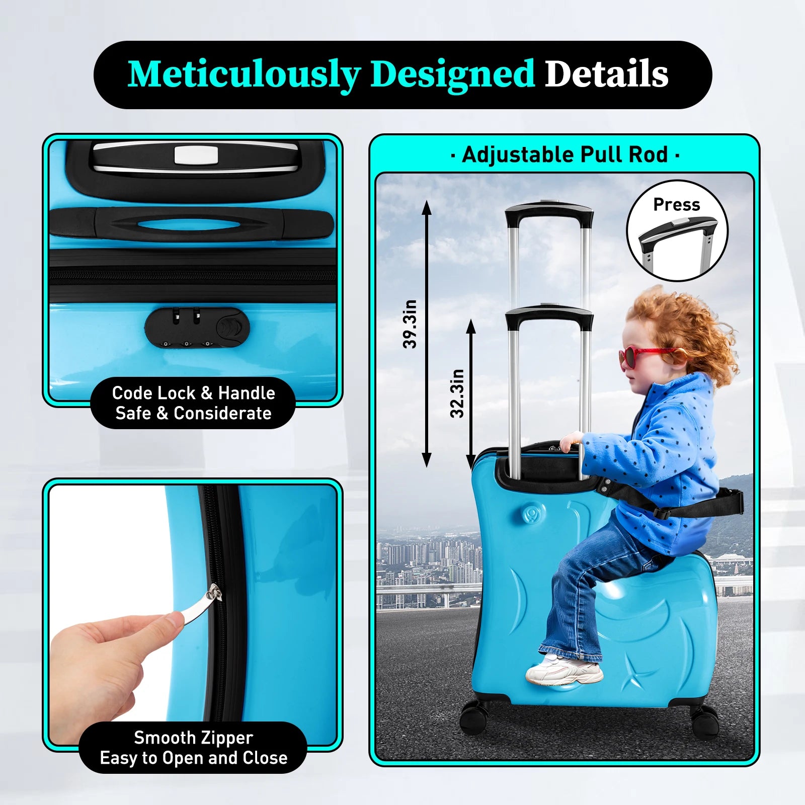 Children's sit ride suitcase 20 Inch kids Travel Trolley Waterproof Slide Rolling Luggage with Lock Blue - Premium  from Lizard Vigilante - Just $135.99! Shop now at Lizard Vigilante