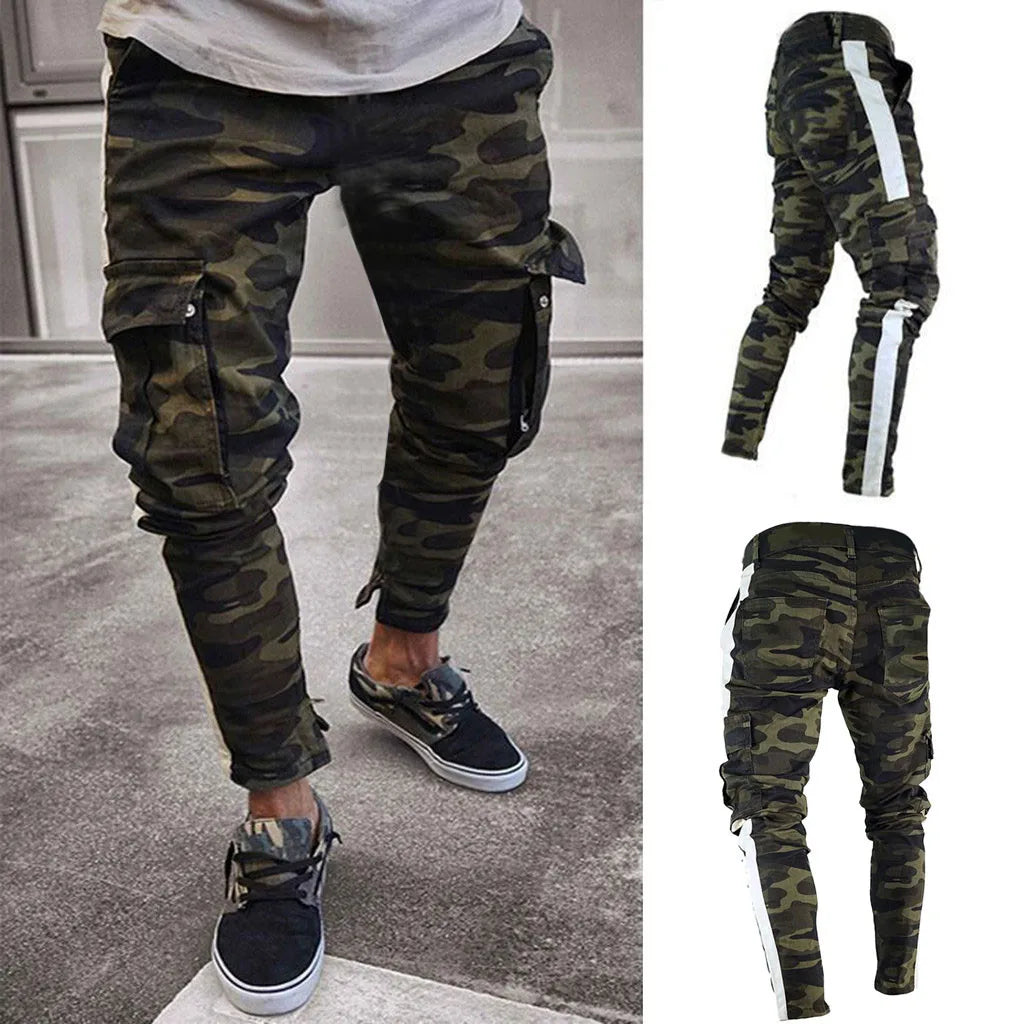 Men's Skinny Stretch Camouflage Cargo Pants - Slim Fit, Ankle-Length, Casual Fashion with Pockets for Spring & Autumn - Premium cargo pants from Lizard Vigilante - Just $43.88! Shop now at Lizard Vigilante