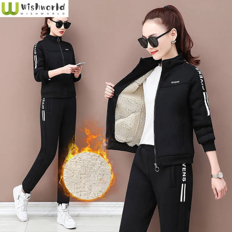 Elegant Winter Two-Piece Set: Thickened Lamb Fleece Hoodie Jacket & Wide Leg Pants for Women - Premium hoodie set from Lizard Vigilante - Just $44.88! Shop now at Lizard Vigilante