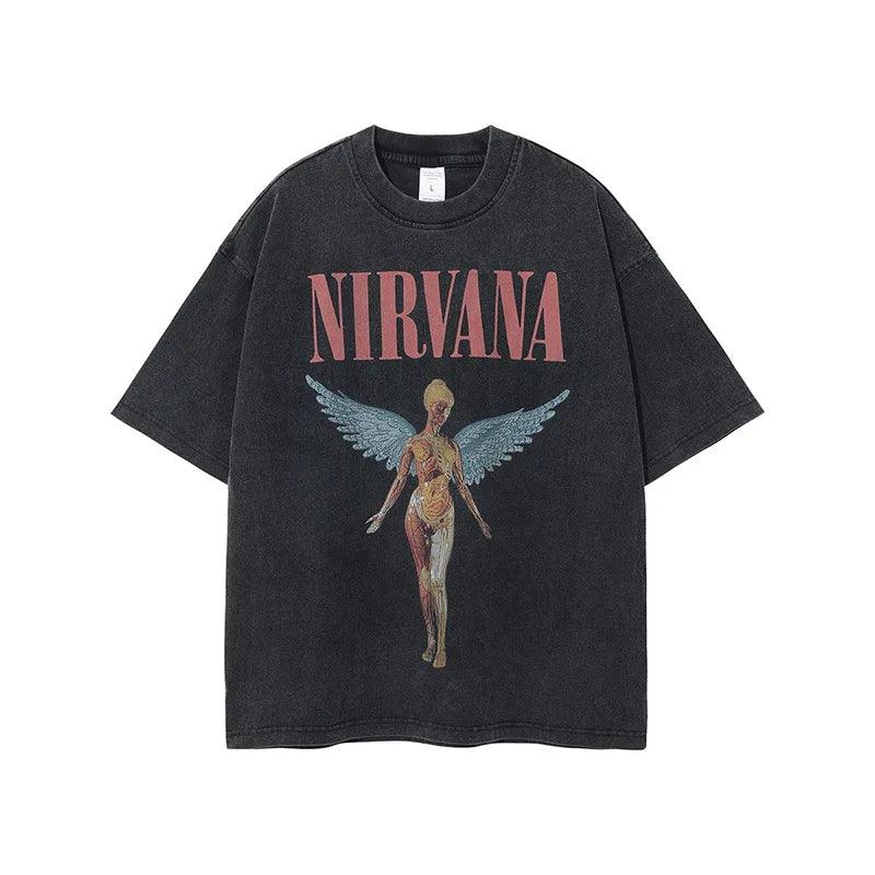 Nirvana T Shirt Streetwear Wash Water Distressed Rock Printing Retro Short Sleeves High Street Trendy Brand Breathable - Lizard Vigilante